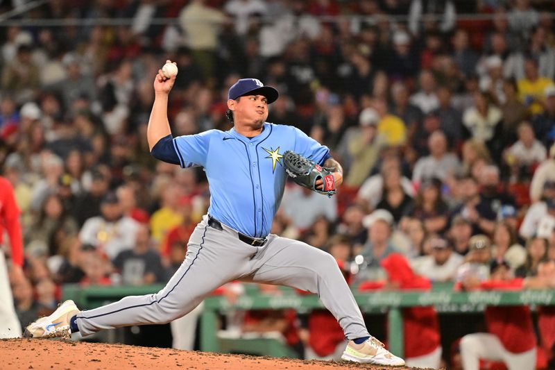 Sep 27, 2024; Boston, Massachusetts, USA; Tampa Bay Rays pitcher Manuel Rodriguez (39) pitches against the Boston Red Sox during the eighth inning at Fenway Park. Mandatory Credit: Eric Canha-Imagn Images