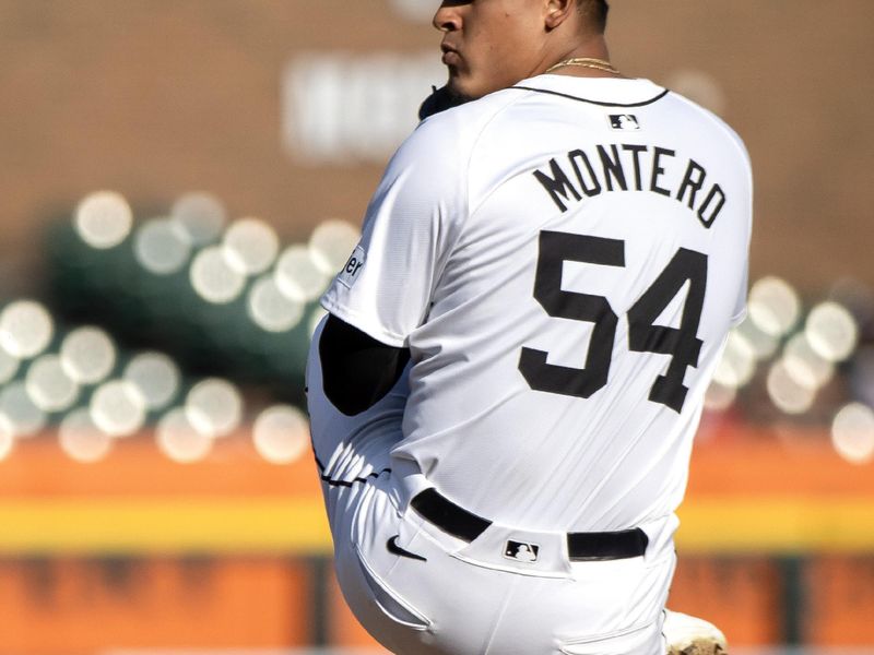 Jul 8, 2024; Detroit, Michigan, USA; Detroit Tigers starting pitcher Keider Montero (54) delivers in the first inning against the Cleveland Guardians at Comerica Park. Mandatory Credit: David Reginek-USA TODAY Sports