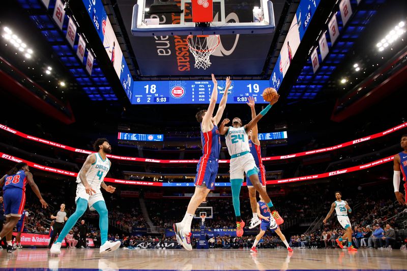 DETROIT, MI - JANUARY 24: Brandon Miller #24 of the Charlotte Hornets drives to the basket during the game against the Detroit Pistons on January 24, 2024 at Little Caesars Arena in Detroit, Michigan. NOTE TO USER: User expressly acknowledges and agrees that, by downloading and/or using this photograph, User is consenting to the terms and conditions of the Getty Images License Agreement. Mandatory Copyright Notice: Copyright 2024 NBAE (Photo by Brian Sevald/NBAE via Getty Images)