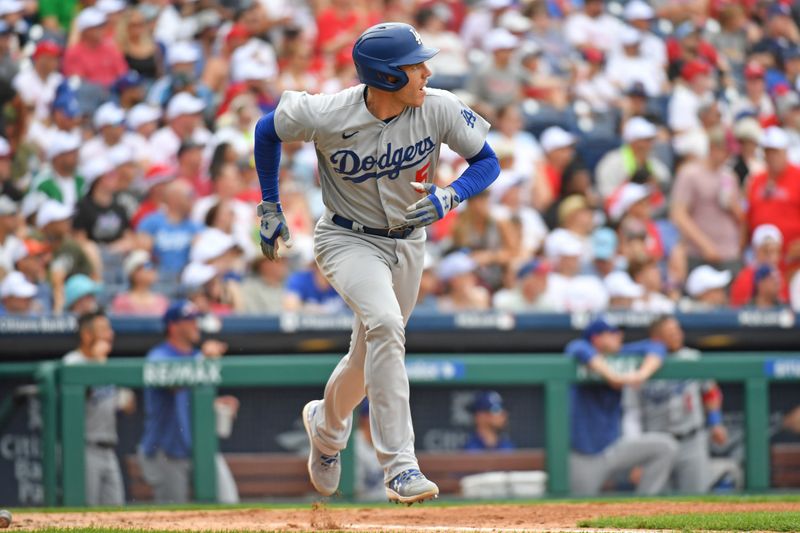 Jun 11, 2023; Philadelphia, Pennsylvania, USA; Los Angeles Dodgers first baseman Freddie Freeman (5) watches his solo home run against the Philadelphia Phillies during the sixth inning at Citizens Bank Park. Mandatory Credit: Eric Hartline-USA TODAY Sports