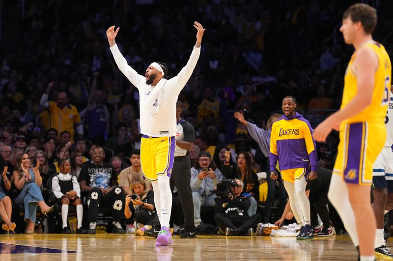 LOS ANGELES, CA - OCTOBER 22: Anthony Davis #3 of the Los Angeles Lakers celebrates during the game against the Minnesota Timberwolves on October 22, 2024 at Crypto.Com Arena in Los Angeles, California. NOTE TO USER: User expressly acknowledges and agrees that, by downloading and/or using this Photograph, user is consenting to the terms and conditions of the Getty Images License Agreement. Mandatory Copyright Notice: Copyright 2024 NBAE (Photo by Garrett Ellwood/NBAE via Getty Images)