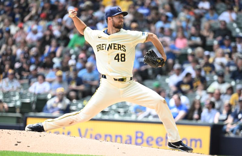 May 1, 2024; Milwaukee, Wisconsin, USA; Milwaukee Brewers starting pitcher Colin Rea (48) delivers a pitch against the Tampa Bay Rays in the third inning at American Family Field. Mandatory Credit: Michael McLoone-USA TODAY Sports