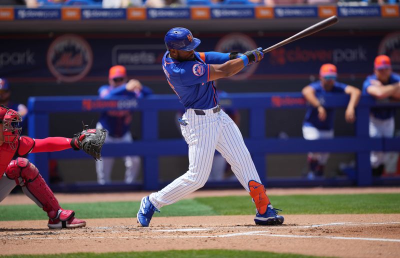 Mar 24, 2024; Port St. Lucie, Florida, USA;  New York Mets right fielder Starling Marte (6) hits a double in the second inning against the Washington Nationals at Clover Park. Mandatory Credit: Jim Rassol-USA TODAY Sports