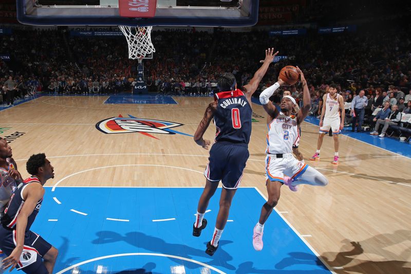 OKLAHOMA CITY, OK - FEBRUARY 23: Shai Gilgeous-Alexander #2 of the Oklahoma City Thunder shoots the ball during the game against the Washington Wizards on February 23, 2024 at Paycom Arena in Oklahoma City, Oklahoma. NOTE TO USER: User expressly acknowledges and agrees that, by downloading and or using this photograph, User is consenting to the terms and conditions of the Getty Images License Agreement. Mandatory Copyright Notice: Copyright 2024 NBAE (Photo by Zach Beeker/NBAE via Getty Images)