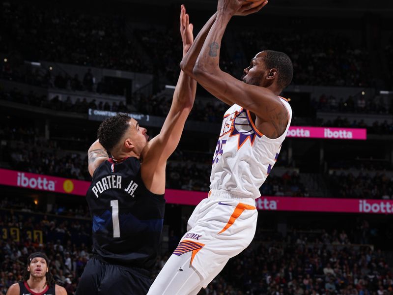 DENVER, CO - MARCH 27: Kevin Durant #35 of the Phoenix Suns shoots the ball during the game against the Denver Nuggets on March 27, 2023 at the Ball Arena in Denver, Colorado. NOTE TO USER: User expressly acknowledges and agrees that, by downloading and/or using this Photograph, user is consenting to the terms and conditions of the Getty Images License Agreement. Mandatory Copyright Notice: Copyright 2024 NBAE (Photo by Garrett Ellwood/NBAE via Getty Images)