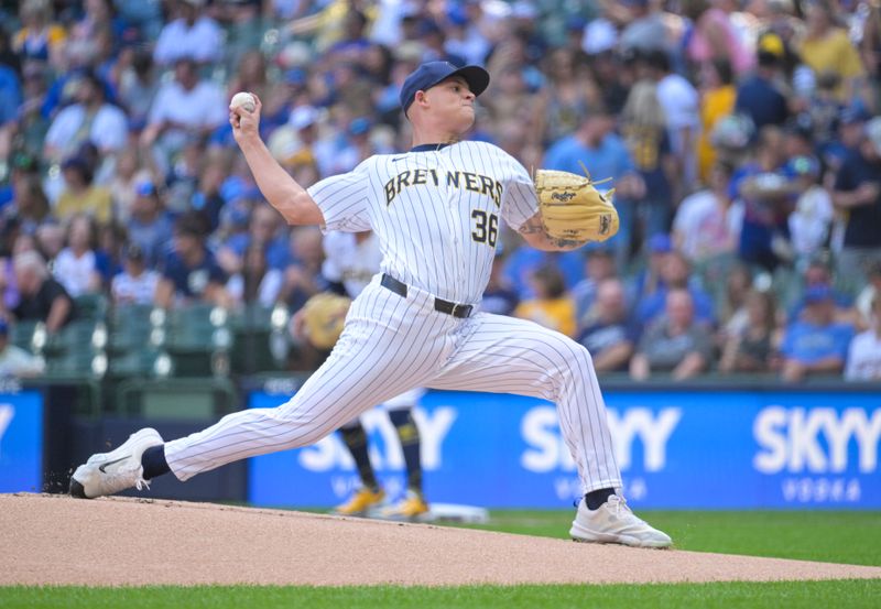 Jun 29, 2024; Milwaukee, Wisconsin, USA; Milwaukee Brewers pitcher Tobias Myers (36) delivers a pitch abasing the Chicago Cubs in the first inning at American Family Field. Mandatory Credit: Michael McLoone-USA TODAY Sports