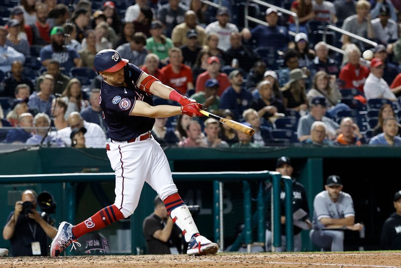 Sep 19, 2023; Washington, District of Columbia, USA; Washington Nationals designated hitter Joey Meneses (45) hits a go ahead three run home run against the Chicago White Sox during the seventh inning at Nationals Park. Mandatory Credit: Geoff Burke-USA TODAY Sports