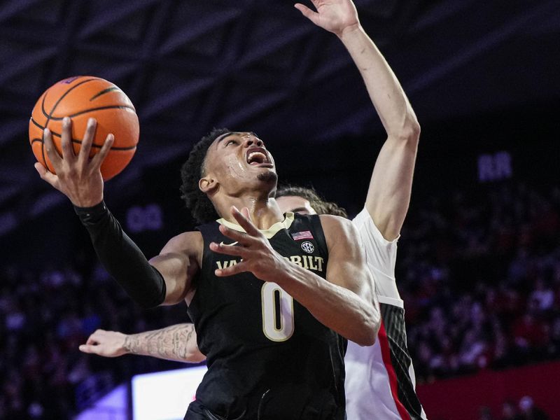 Jan 21, 2023; Athens, Georgia, USA; Vanderbilt Commodores guard Tyrin Lawrence (0) shoots at the basket against the Georgia Bulldogs during the first half at Stegeman Coliseum. Mandatory Credit: Dale Zanine-USA TODAY Sports