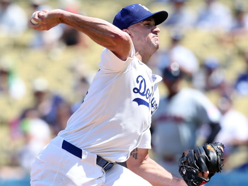 Sep 8, 2024; Los Angeles, California, USA;  Los Angeles Dodgers starting pitcher Jack Flaherty (0) pitches during the second inning against the Cleveland Guardians at Dodger Stadium. Mandatory Credit: Kiyoshi Mio-Imagn Images