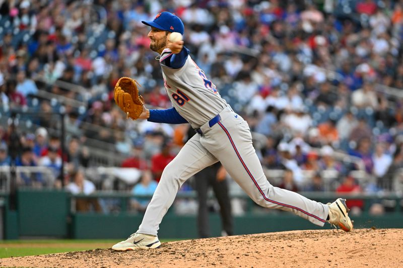 Apr 26, 2025; Washington, District of Columbia, USA; New York Mets pitcher Danny Young (81) throws to the Washington Nationals during the sixth inning at Nationals Park. Mandatory Credit: Brad Mills-Imagn Images