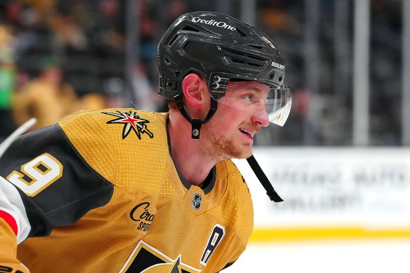 Mar 7, 2024; Las Vegas, Nevada, USA; Vegas Golden Knights center Jack Eichel (9) warms up before a game against the Vancouver Canucks at T-Mobile Arena. Mandatory Credit: Stephen R. Sylvanie-USA TODAY Sports