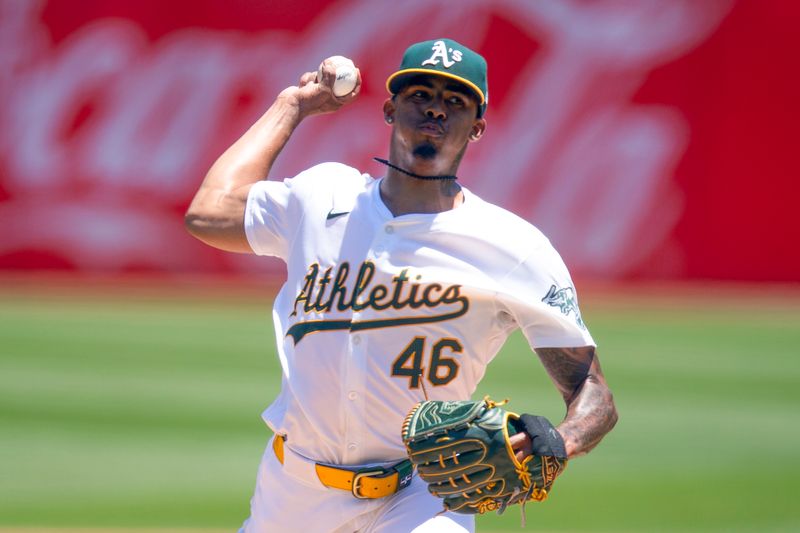 Jul 6, 2024; Oakland, California, USA; Oakland Athletics starting pitcher Luis Medina (46) against the Baltimore Orioles during the first inning at Oakland-Alameda County Coliseum. Mandatory Credit: D. Ross Cameron-USA TODAY Sports