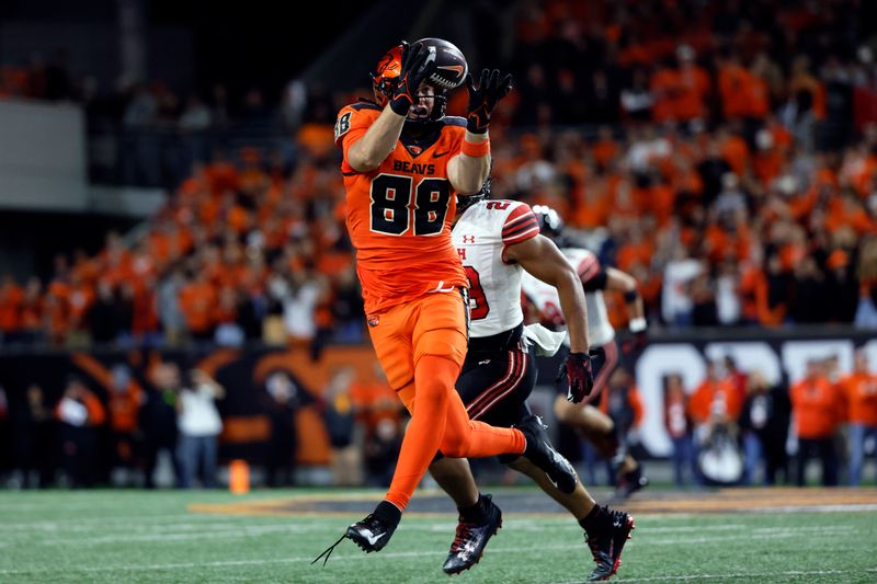 Sep 29, 2023; Corvallis, Oregon, USA; Oregon State Beavers tight end Jack Velling (88) makes a catch against Utah Utes safety Stone Vaki (28)  during the second half at Reser Stadium. Mandatory Credit: Soobum Im-USA TODAY Sports