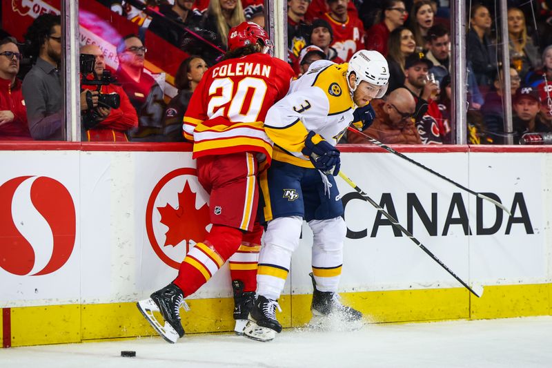 Nov 15, 2024; Calgary, Alberta, CAN; Nashville Predators defenseman Jeremy Lauzon (3) and Calgary Flames center Blake Coleman (20) battles for the puck during the second period at Scotiabank Saddledome. Mandatory Credit: Sergei Belski-Imagn Images