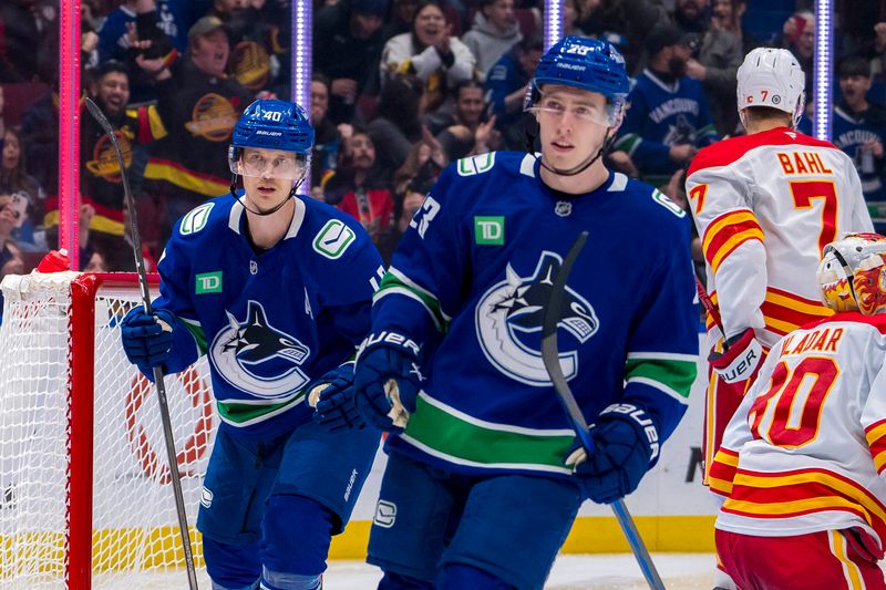 Nov 12, 2024; Vancouver, British Columbia, CAN; Vancouver Canucks forward Elias Pettersson (40) and forward Jonathan Lekkerimaki (23) celebrate Pettersson’s goal against the Calgary Flames during the second period at Rogers Arena. Mandatory Credit: Bob Frid-Imagn Images