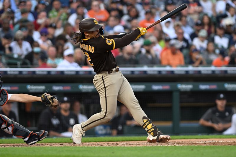 Jul 21, 2023; Detroit, Michigan, USA;  San Diego Padres catcher Luis Campusano (12) hits single off Detroit Tigers relief pitcher Chasen Shreve (36) (not pictured) in the sixth inning at Comerica Park. Mandatory Credit: Lon Horwedel-USA TODAY Sports