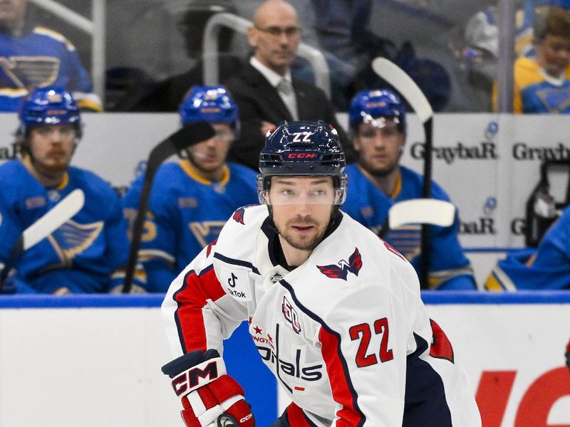 Nov 9, 2024; St. Louis, Missouri, USA;  Washington Capitals right wing Brandon Duhaime (22) controls the puck against the St. Louis Blues during the third period at Enterprise Center. Mandatory Credit: Jeff Curry-Imagn Images