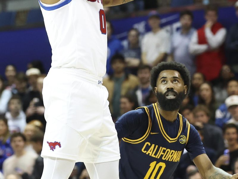 Jan 29, 2025; Dallas, Texas, USA;  Southern Methodist Mustangs guard B.J. Edwards (0) shoots over California Golden Bears guard Jovan Blacksher Jr. (10) during the first half at Moody Coliseum. Mandatory Credit: Kevin Jairaj-Imagn Images