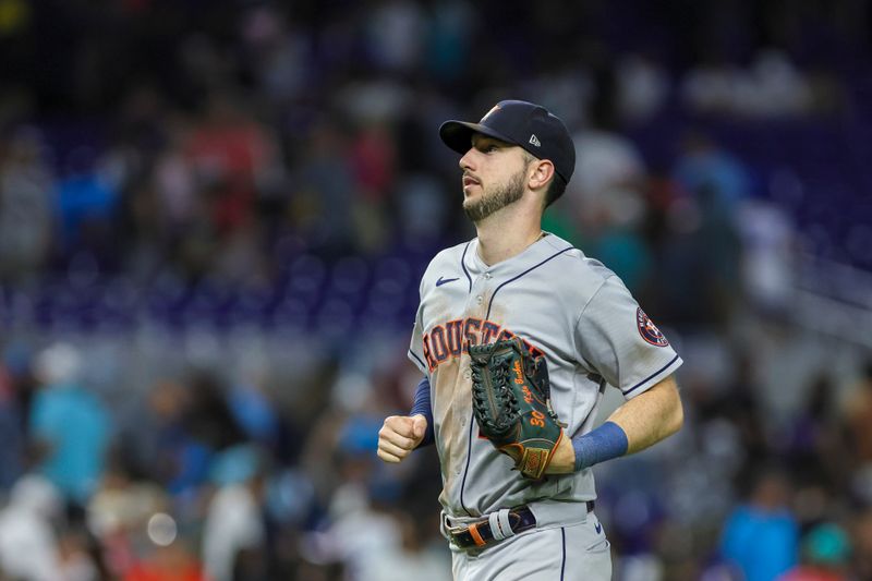 Aug 15, 2023; Miami, Florida, USA; Houston Astros right fielder Kyle Tucker (30) reacts after defeating the Miami Marlins at loanDepot Park. Mandatory Credit: Sam Navarro-USA TODAY Sports