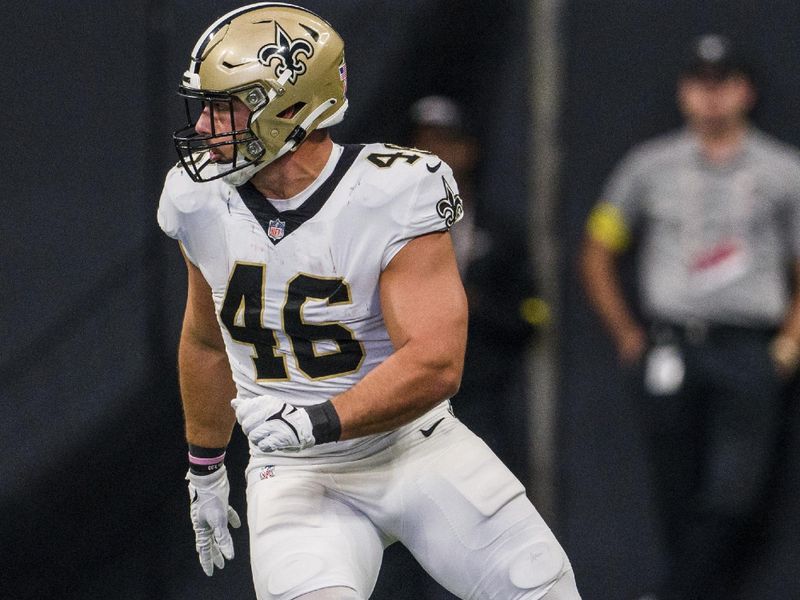 New Orleans Saints fullback Adam Prentice (46) works during the first half of an NFL football game against the Atlanta Falcons, Sunday, Sep. 11, 2022, in Atlanta. The New Orleans Saints won 27-26. (AP Photo/Danny Karnik)