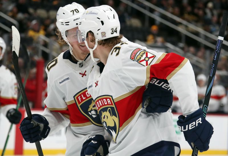 Dec 3, 2024; Pittsburgh, Pennsylvania, USA;  Florida Panthers center Jesper Boqvist (70) congratulates defenseman Adam Boqvist (34) on his goal against the Pittsburgh Penguins during the third period at PPG Paints Arena. Mandatory Credit: Charles LeClaire-Imagn Images