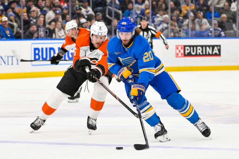 Nov 30, 2024; St. Louis, Missouri, USA;  St. Louis Blues left wing Brandon Saad (20) controls the puck as Philadelphia Flyers defenseman Travis Sanheim (6) defends during the second period at Enterprise Center. Mandatory Credit: Jeff Curry-Imagn Images