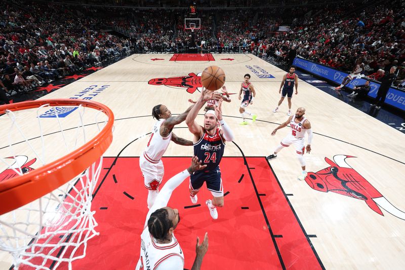 CHICAGO, IL - MARCH 16: Corey Kispert #24 of the Washington Wizards drives to the basket during the game against the Chicago Bulls on March 16, 2024 at United Center in Chicago, Illinois. NOTE TO USER: User expressly acknowledges and agrees that, by downloading and or using this photograph, User is consenting to the terms and conditions of the Getty Images License Agreement. Mandatory Copyright Notice: Copyright 2024 NBAE (Photo by Jeff Haynes/NBAE via Getty Images)