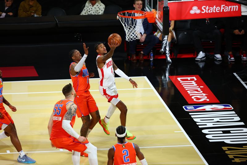 LAS VEGAS, NV - DECEMBER 14: Jalen Green #4 of the Houston Rockets shoots against the Oklahoma City Thunder during the Emirates NBA Cup Semifinal game on December 14, 2024 at T-Mobile Arena in Las Vegas, Nevada. NOTE TO USER: User expressly acknowledges and agrees that, by downloading and/or using this Photograph, user is consenting to the terms and conditions of the Getty Images License Agreement. Mandatory Copyright Notice: Copyright 2024 NBAE (Photo by David L. Nemec/NBAE via Getty Images)