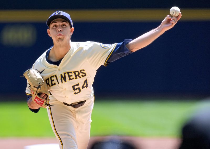 May 15, 2024; Milwaukee, Wisconsin, USA; Milwaukee Brewers pitcher Robert Gasser (54) pitches during the first inning of their game against the Pittsburgh Pirates at American Family Field. Mandatory Credit: Mark Hoffman-USA TODAY Sports