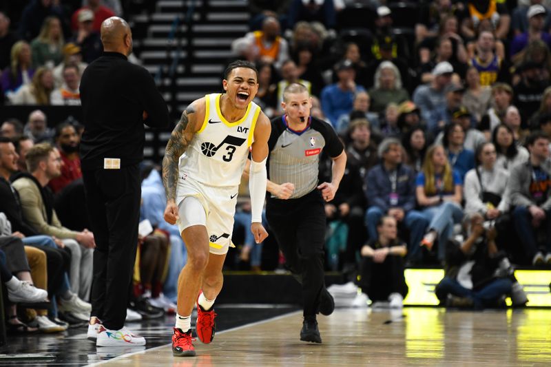 SALT LAKE CITY, UTAH - APRIL 02: Keyonte George #3 of the Utah Jazz reacts to a play during the second half of a game against the Cleveland Cavaliers at Delta Center on April 02, 2024 in Salt Lake City, Utah. NOTE TO USER: User expressly acknowledges and agrees that, by downloading and or using this photograph, User is consenting to the terms and conditions of the Getty Images License Agreement. (Photo by Alex Goodlett/Getty Images)