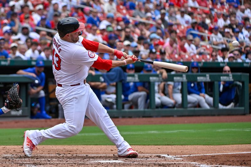 Jul 14, 2024; St. Louis, Missouri, USA;  St. Louis Cardinals catcher Pedro Pages (43) hits a two run single against the Chicago Cubs during the second inning at Busch Stadium. Mandatory Credit: Jeff Curry-USA TODAY Sports