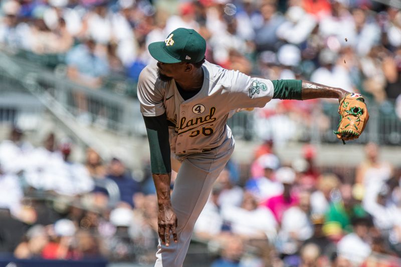 Jun 2, 2024; Cumberland, Georgia, USA;  Oakland Athletics pitcher Dany Jiménez (56) pitches the ball against the Atlanta Braves during the eighth inning at Truist Park. Mandatory Credit: Jordan Godfree-USA TODAY Sports