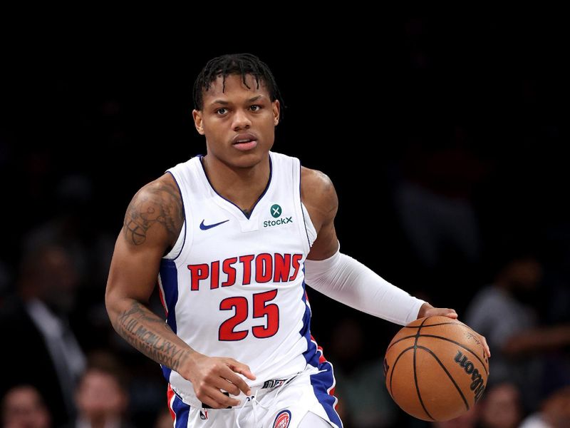 NEW YORK, NEW YORK - JANUARY 08: Marcus Sasser #25 of the Detroit Pistons in action against the Brooklyn Nets at Barclays Center on January 08, 2025 in the Brooklyn borough of New York City. NOTE TO USER: User expressly acknowledges and agrees that, by downloading and or using this photograph, user is consenting to the terms and conditions of the Getty Images License Agreement.  (Photo by Luke Hales/Getty Images)