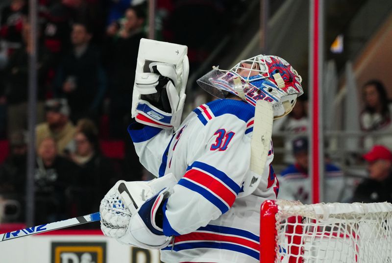 Mar 12, 2024; Raleigh, North Carolina, USA; New York Rangers goaltender Igor Shesterkin (31) celebrate their victory against the Carolina Hurricanes at PNC Arena. Mandatory Credit: James Guillory-USA TODAY Sports