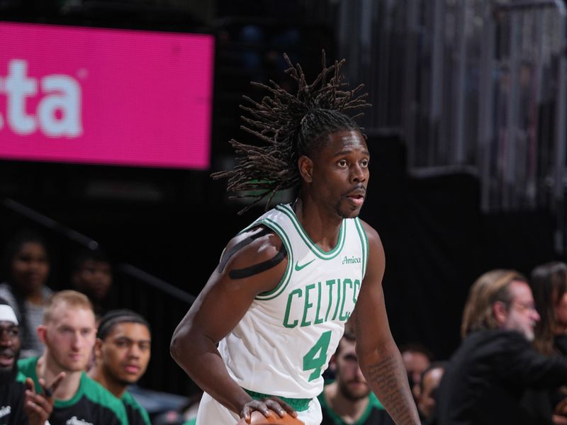 DENVER, CO - JANUARY 7: Jrue Holiday #4 of the Boston Celtics dribbles the ball during the game against the Denver Nuggets on January 7, 2025 at Ball Arena in Denver, Colorado. NOTE TO USER: User expressly acknowledges and agrees that, by downloading and/or using this Photograph, user is consenting to the terms and conditions of the Getty Images License Agreement. Mandatory Copyright Notice: Copyright 2025 NBAE (Photo by Garrett Ellwood/NBAE via Getty Images)