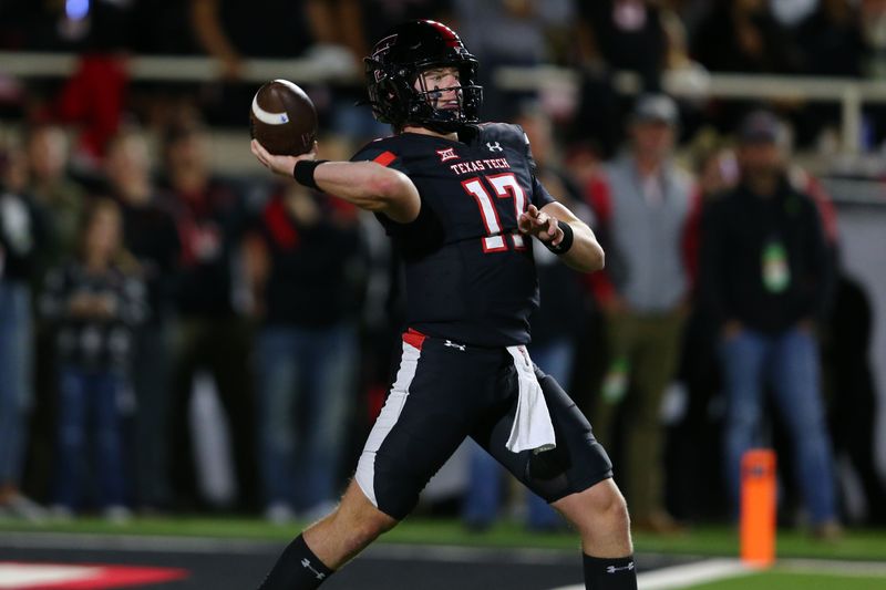 Oct 14, 2023; Lubbock, Texas, USA;  Texas Tech Red Raiders quarterback Jake Strong (17) passes against the Kansas State Wildcats in the second half at Jones AT&T Stadium and Cody Campbell Field. Mandatory Credit: Michael C. Johnson-USA TODAY Sports