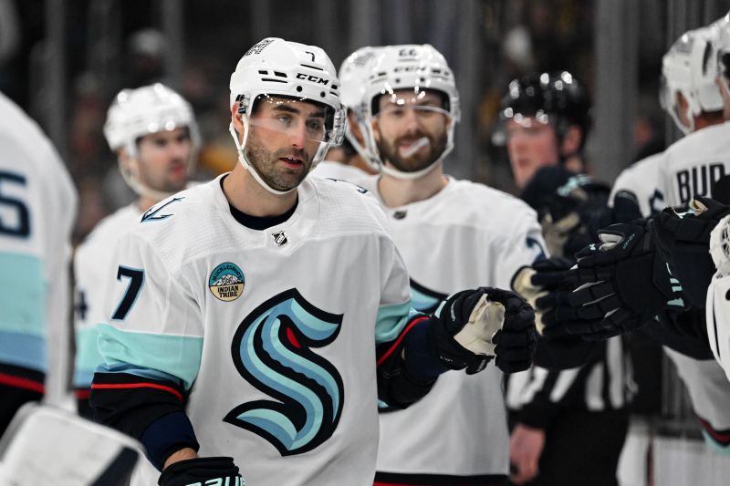 Feb 15, 2024; Boston, Massachusetts, USA; Seattle Kraken right wing Jordan Eberle (7) celebrates with his teammates after scoring a goal against the Boston Bruins during the first period at TD Garden. Mandatory Credit: Brian Fluharty-USA TODAY Sports