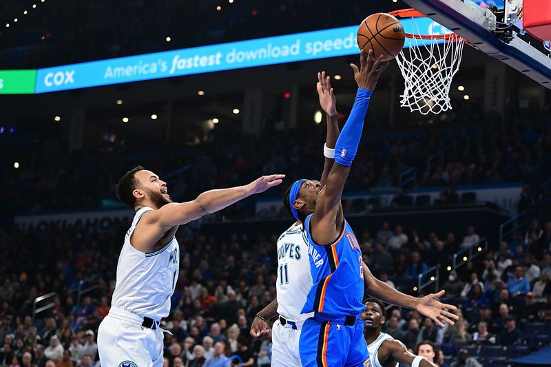 OKLAHOMA CITY, OKLAHOMA - JANUARY 29: Shai Gilgeous-Alexander #2 of the Oklahoma City Thunder puts up a shot at the rim during the first half against the Minnesota Timberwolves at Paycom Center on January 29, 2024 in Oklahoma City, Oklahoma. NOTE TO USER: User expressly acknowledges and agrees that, by downloading and or using this Photograph, user is consenting to the terms and conditions of the Getty Images License Agreement. (Photo by Joshua Gateley/Getty Images)