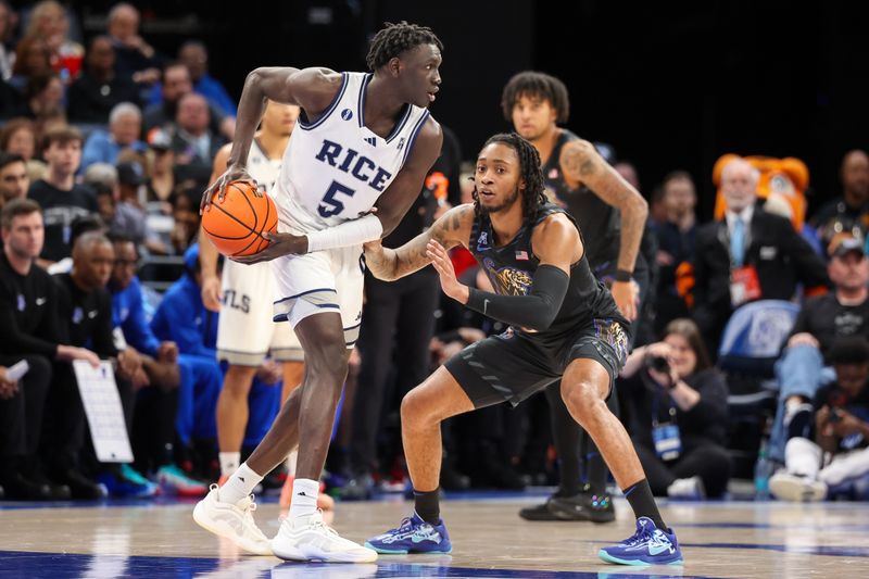 Feb 26, 2025; Memphis, Tennessee, USA; Rice Owls guard Jacob Dar (5) handles the ball against Memphis Tigers guard Colby Rogers (3) during the first half at FedExForum. Mandatory Credit: Wesley Hale-Imagn Images