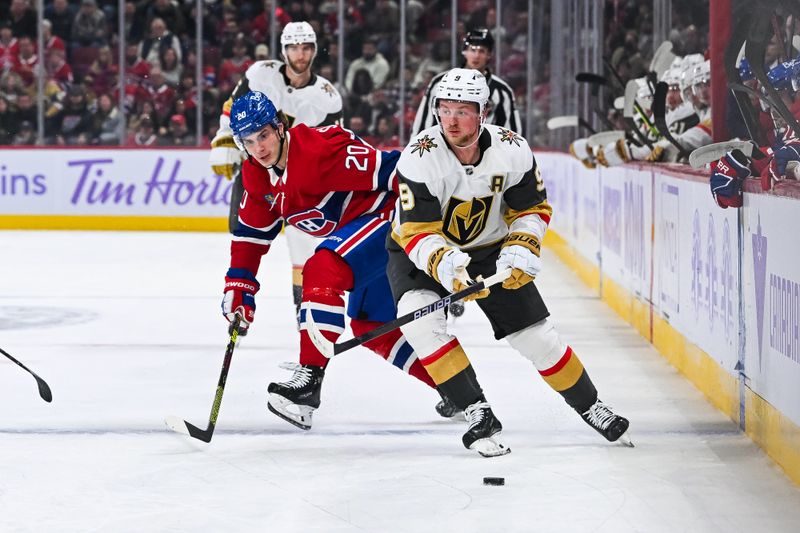 Nov 23, 2024; Montreal, Quebec, CAN; Las Vegas Golden Knights center Jack Eichel (9) plays the puck against Montreal Canadiens left wing Juraj Slafkovsky (20) during the first period at Bell Centre. Mandatory Credit: David Kirouac-Imagn Images
