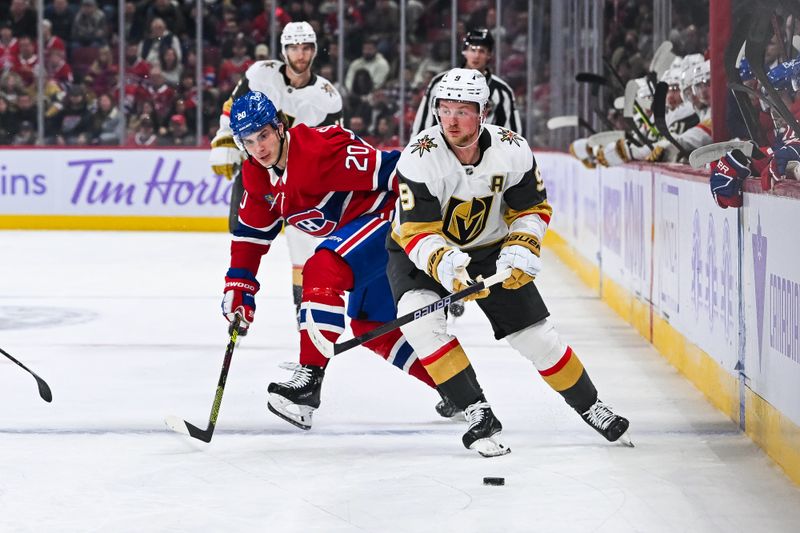 Nov 23, 2024; Montreal, Quebec, CAN; Las Vegas Golden Knights center Jack Eichel (9) plays the puck against Montreal Canadiens left wing Juraj Slafkovsky (20) during the first period at Bell Centre. Mandatory Credit: David Kirouac-Imagn Images