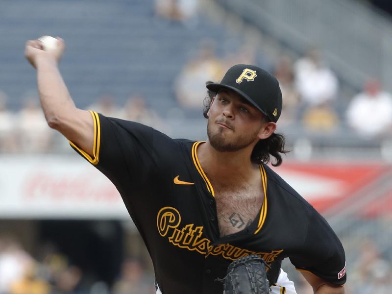 Jul 3, 2024; Pittsburgh, Pennsylvania, USA;  Pittsburgh Pirates starting pitcher Jared Jones (37) delivers a pitch against the St. Louis Cardinals during the second inning at PNC Park. Mandatory Credit: Charles LeClaire-USA TODAY Sports