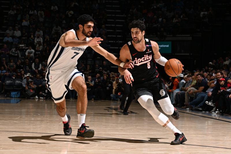 MEMPHIS, TN - NOVEMBER 25: Deni Avdija #8 of the Portland Trail Blazers drives to the basket during the game against the Memphis Grizzlies on November 25, 2024 at FedExForum in Memphis, Tennessee. NOTE TO USER: User expressly acknowledges and agrees that, by downloading and or using this photograph, User is consenting to the terms and conditions of the Getty Images License Agreement. Mandatory Copyright Notice: Copyright 2024 NBAE (Photo by Grant Burke/NBAE via Getty Images)