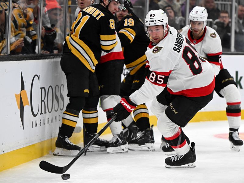 Nov 6, 2025; Boston, Massachusetts, USA; Ottawa Senators defenseman Jake Sanderson (85) skates with the puck against against the Boston Bruins during the first period at the TD Garden. Mandatory Credit: Brian Fluharty-Imagn Images