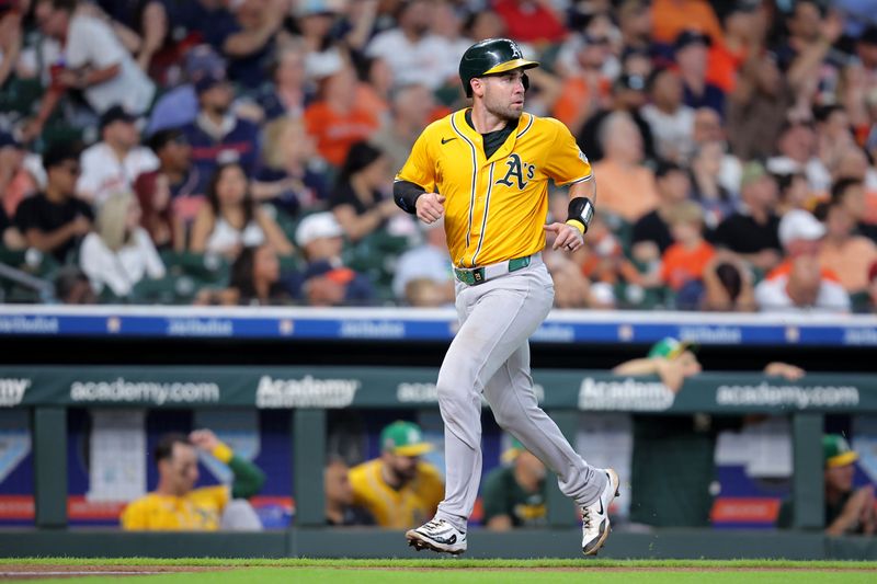 Jul 27, 2025; Houston, Texas, USA;  Athletics catcher Austin Wynns (29) runs towards home plate to score a run against the Houston Astros during the fourth inning at Daikin Park. Mandatory Credit: Erik Williams-Imagn Images