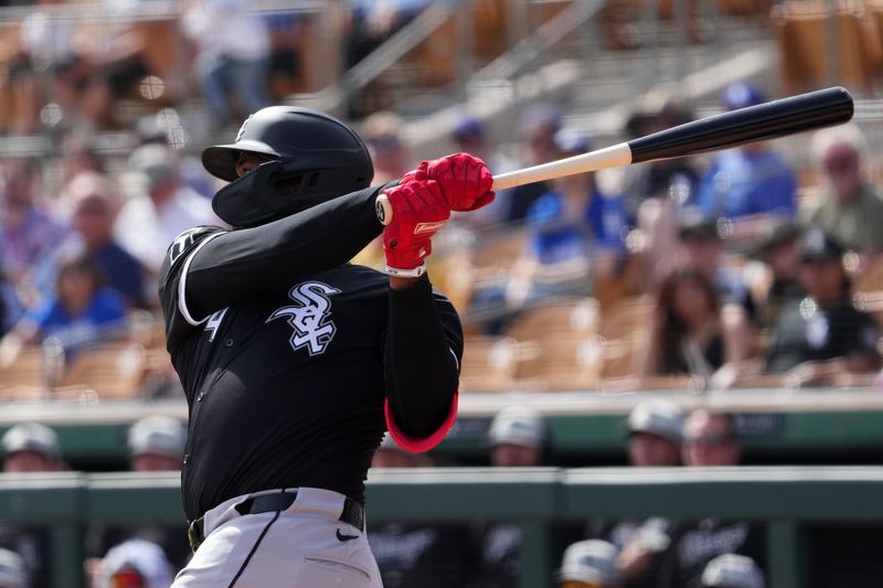 Feb 27, 2024; Phoenix, Arizona, USA; Chicago White Sox designated hitter Eloy Jimenez (74) hits an RBI double against the Los Angeles Dodgers during the first inning at Camelback Ranch-Glendale. Mandatory Credit: Joe Camporeale-USA TODAY Sports