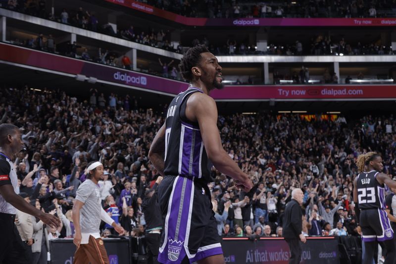 SACRAMENTO, CA - MARCH 7: Malik Monk #0 of the Sacramento Kings celebrates the win after the game against the San Antonio Spurs on March 7, 2024 at Golden 1 Center in Sacramento, California. NOTE TO USER: User expressly acknowledges and agrees that, by downloading and or using this Photograph, user is consenting to the terms and conditions of the Getty Images License Agreement. Mandatory Copyright Notice: Copyright 2024 NBAE (Photo by Rocky Widner/NBAE via Getty Images)