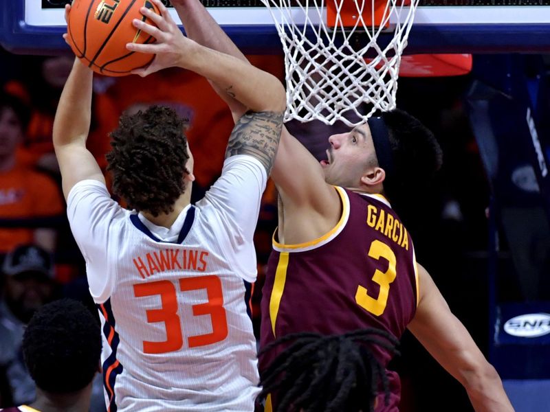 Feb 28, 2024; Champaign, Illinois, USA; Minnesota Golden Gophers forward Dawson Garcia (3) tries to block the shot of Illinois Fighting Illini forward Coleman Hawkins (33) during the second half at State Farm Center. Mandatory Credit: Ron Johnson-USA TODAY Sports