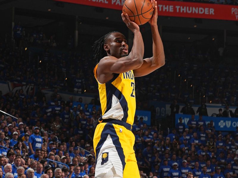 OKLAHOMA CITY, OK - JUNE 8: Aaron Nesmith #23 of the Indiana Pacers shoots the ball during the game against the Oklahoma City Thunder during Game Two of the 2025 NBA Finals on June 8, 2025 at Paycom Center in Oklahoma City, Oklahoma. NOTE TO USER: User expressly acknowledges and agrees that, by downloading and or using this photograph, User is consenting to the terms and conditions of the Getty Images License Agreement. Mandatory Copyright Notice: Copyright 2025 NBAE (Photo by Jesse D. Garrabrant/NBAE via Getty Images)