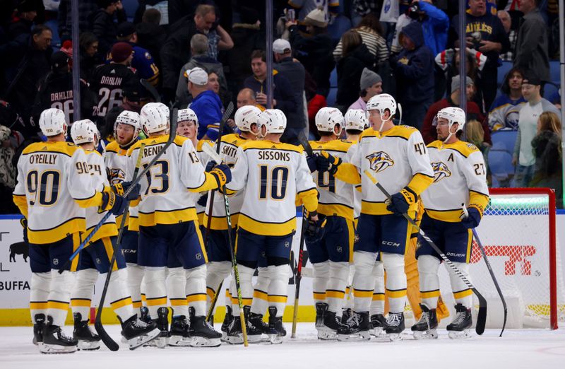 Dec 3, 2023; Buffalo, New York, USA;  The Nashville Predators celebrate a win over the Buffalo Sabres at KeyBank Center. Mandatory Credit: Timothy T. Ludwig-USA TODAY Sports